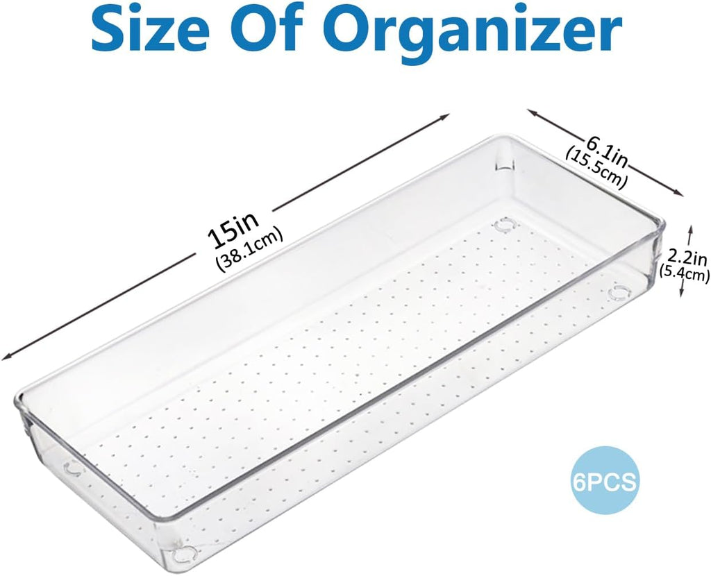 6 Pcs Large Clear Drawer Organizer Set, 15" X 6" Plastic Versatile Desk Drawer Organizer Trays with Non-Slip Silicone Pads, Storage Bins for Makeup, Bathroom, Kitchen Utensils, Office, Tools