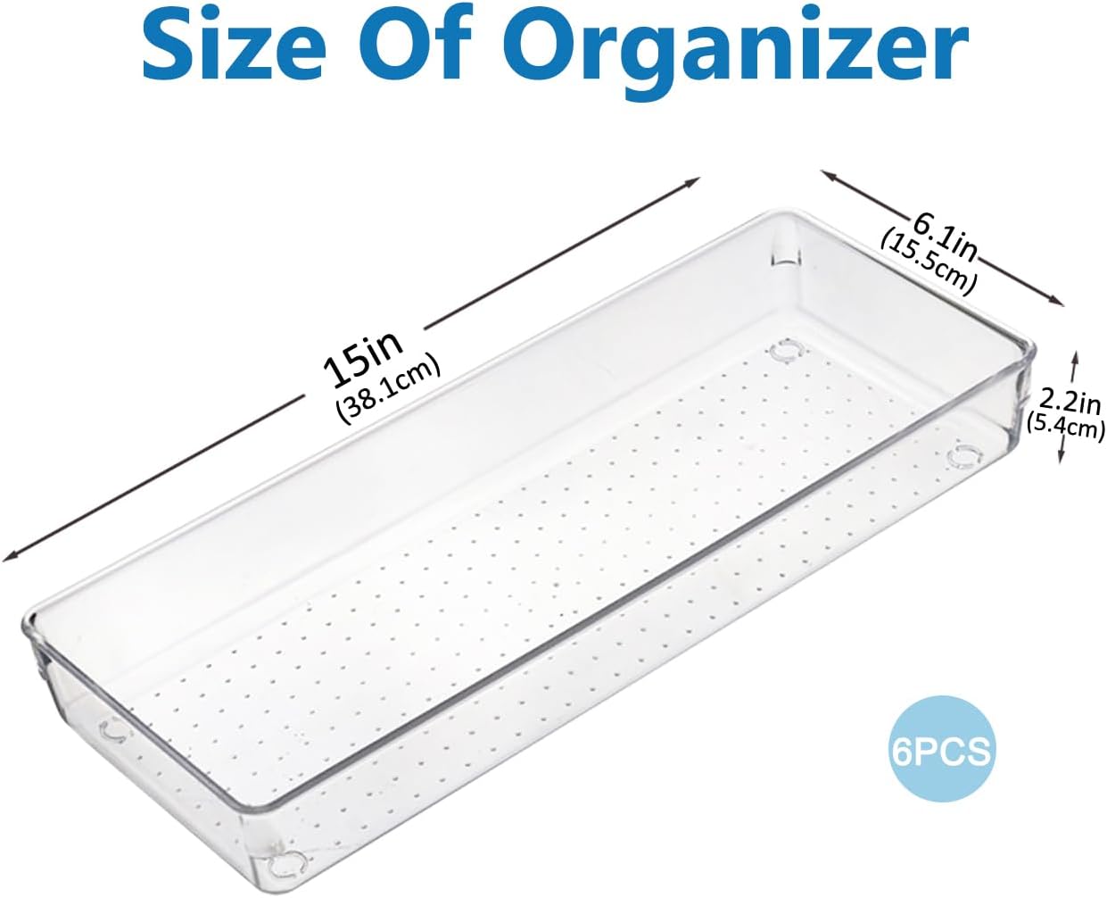 6 Pcs Large Clear Drawer Organizer Set, 15" X 6" Plastic Versatile Desk Drawer Organizer Trays with Non-Slip Silicone Pads, Storage Bins for Makeup, Bathroom, Kitchen Utensils, Office, Tools