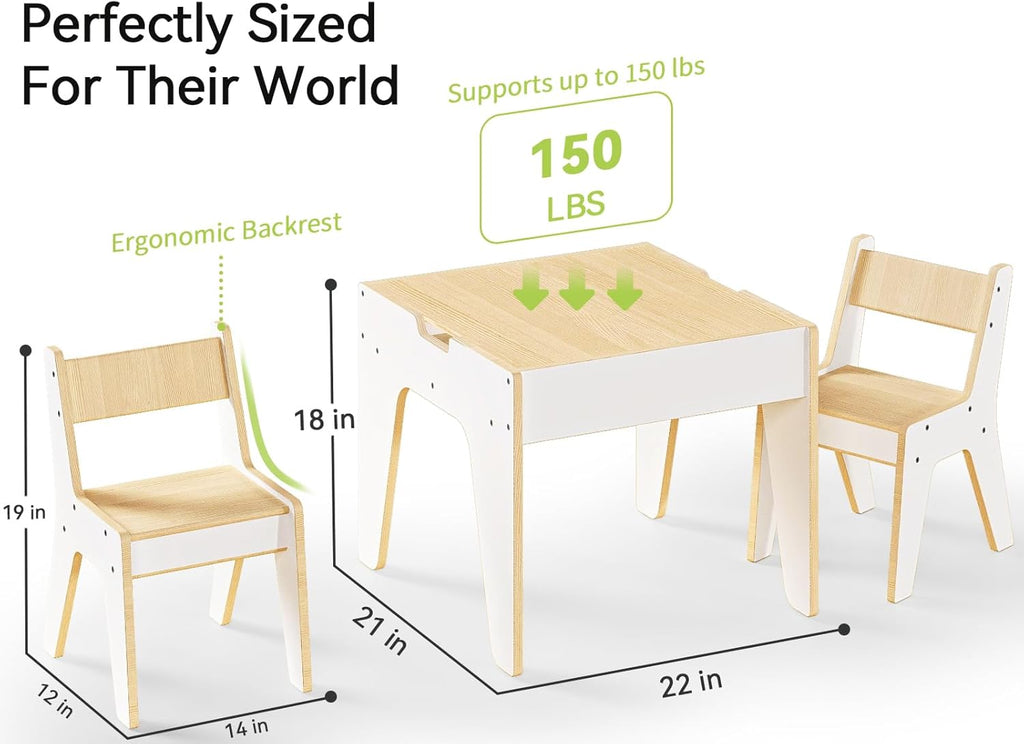 WINGYZ 4-in-1 Wooden Kids Activity Table and 2 Chairs, Ages 2-12 & 4-8 Building Blocks Construction Sensory Table with Storage, Spacious Kids Learning Desk