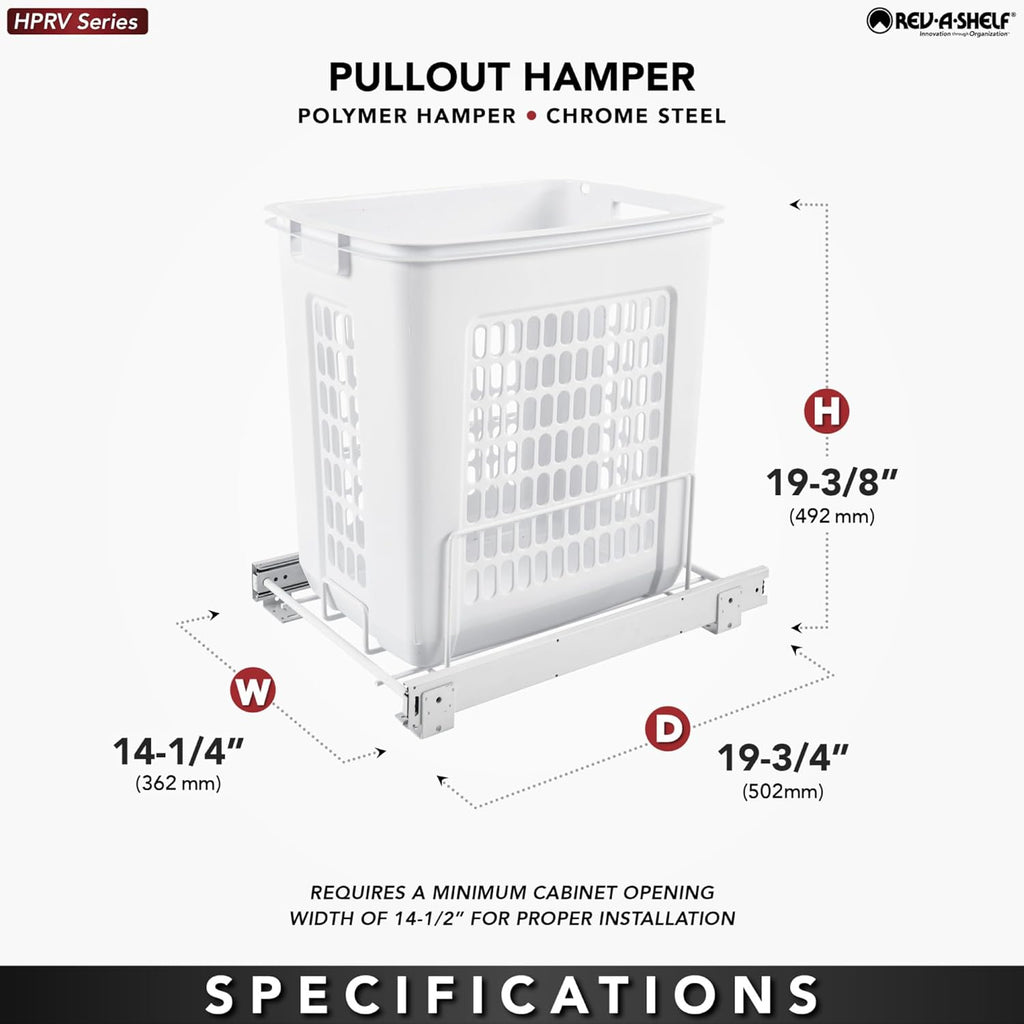 Rev-A-Shelf Pullout 20" Deep Cabinet Floor Steel Mounted Polymer Plastic Clothes Laundry Hamper with Full Extension Slides, White, HPRV-1520 S - Hidden Storage Organizer for Laundry Room and Bathroom