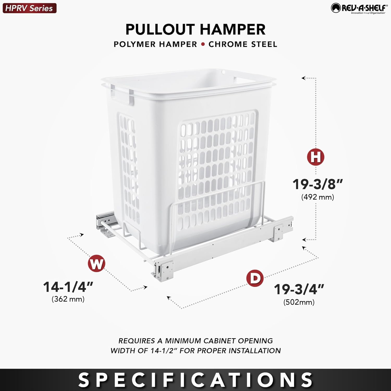 Rev-A-Shelf Pullout 20" Deep Cabinet Floor Steel Mounted Polymer Plastic Clothes Laundry Hamper with Full Extension Slides, White, HPRV-1520 S - Hidden Storage Organizer for Laundry Room and Bathroom