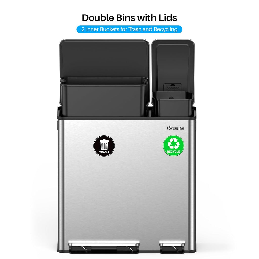 Dual Trash and Recycling Bins for Kitchen, 13.2 + 5.2 Gal (50+20L) Stainless Steel Trash and Recycle Bin Combo with Soft-Close Lid, Large Garbage Cans for Kitchen Home with 2 Magnets Sticker, Silver