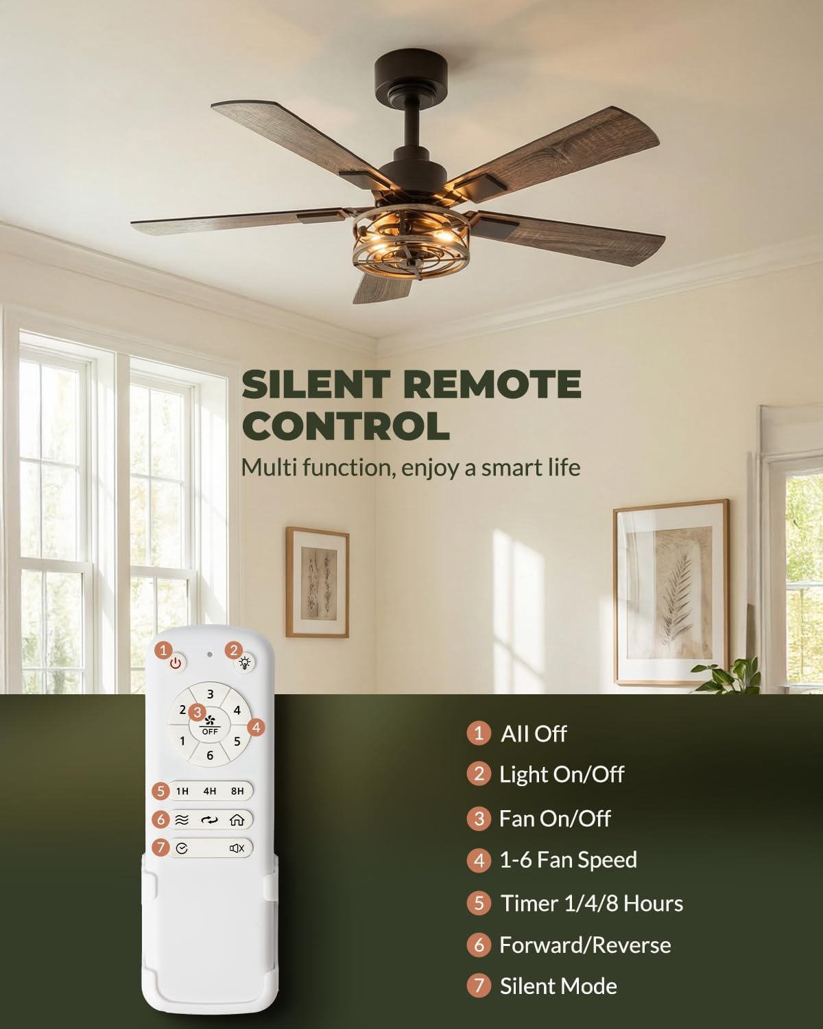 2-Pack 42 Inch Ceiling Fans with Lights, Remote Control Low Profile Flush Mount Ceiling Fan for Living Room Bedroomm, 6 Speeds Bladeless Caged Farmhouse LIghts, Quiet and Reversible DC Motor, Walnut
