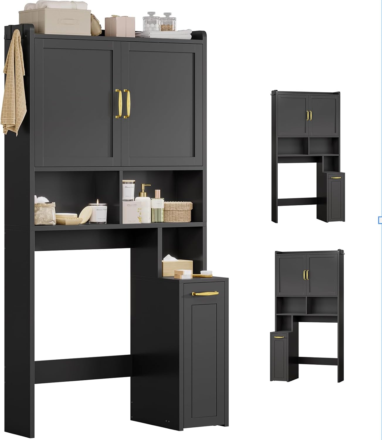 UPOSOJA Over The Toilet Storage Cabinet with Pulley Small Bathroom Storage Cabinet, Space Saver W/Adjustable Shelf & Open Shelf for Bathroom, Restroom, Laundry (Black)