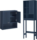 LEYAOYAO Fluted Over The Toilet Storage Cabinet & Bathroom Wall Cabinet Set of 2, Farmhouse Above Toilet Organizer, Medicine Cabinet w/Adjustable Shelf & Doors for Laundry Living Room Kitchen(Blue)