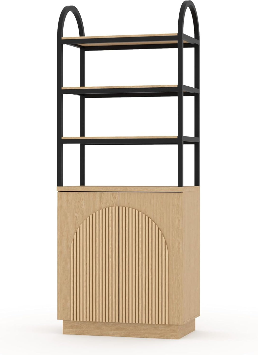 Brafab 71" Arched Bookcase with Reeded Design Doors, 7-Tier Bookshelf with Storage and Cabinet,Metal Frame Adjustable Shelves, for Living Room, Office, Library,Study (Natural Oak, 1 PCS)