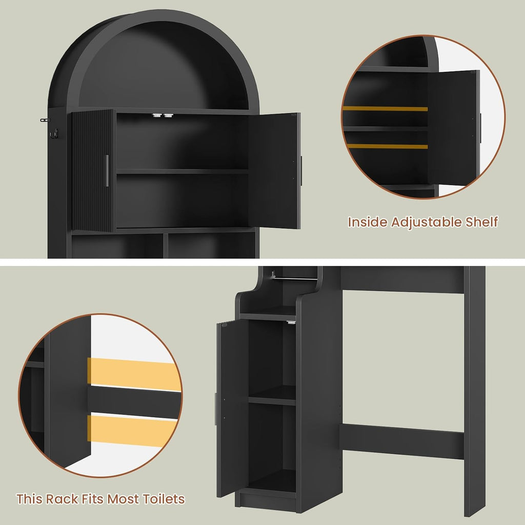 Itaar Arched Over The Toilet Storage Cabinet, 78.7" H Fluted Bathroom Organizer with Reversible Side Cabinet, Adjustable Shelves, Anti-Tipping, Hooks & Paper Holder for Bathroom Laundry Room, Black