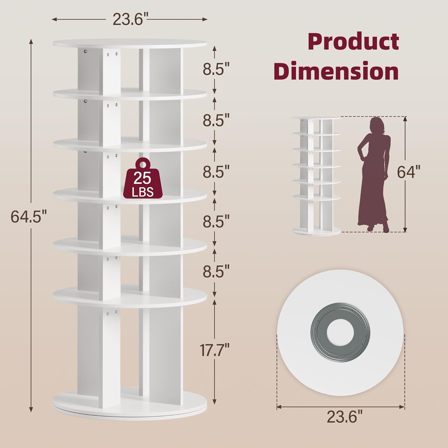 JUMMICO Rotating Shoe Rack Tower, 6-Tier Vertical Closet Storage Organizer for Shoes, Handbags & Tall Boots, 360° Spinning Lazy Susan Base, Space-Saving for Bedroom & Closet (White)