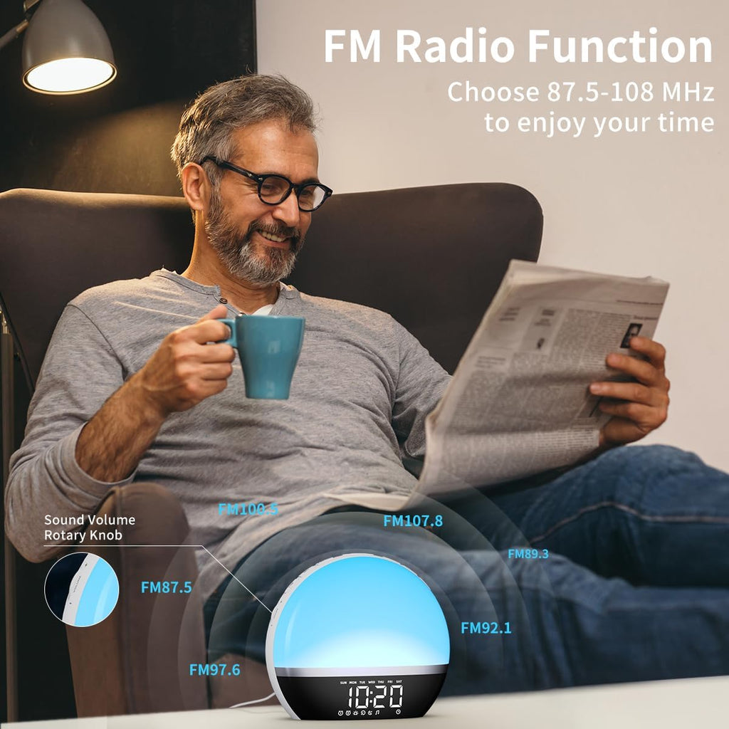 SoundLegend FM Radio Sunrise Alarm Clock Sound Machine Wake-Up Light Sunrise Sunset Simulation Adjustable Volume Brightness Sleep Aid 13 Colors 23 Sounds 28 Tunes Snooze Dual Alarm 4 Timers