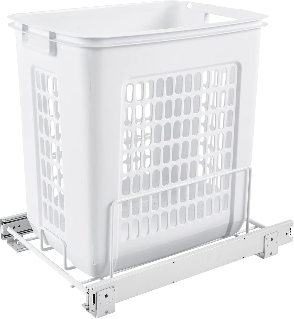 Rev-A-Shelf Pullout 20" Deep Cabinet Floor Steel Mounted Polymer Plastic Clothes Laundry Hamper with Full Extension Slides, White, HPRV-1520 S - Hidden Storage Organizer for Laundry Room and Bathroom