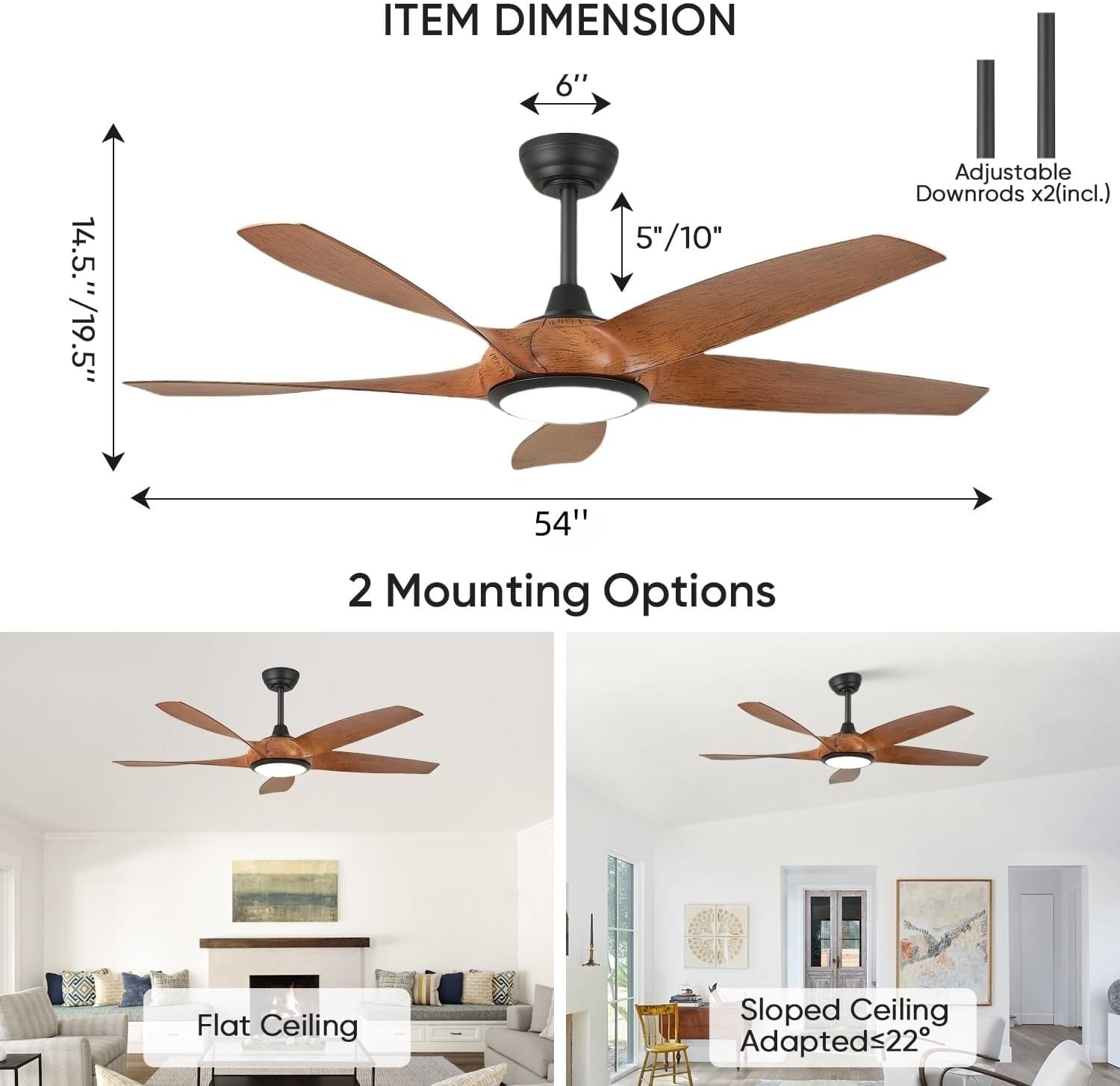 54'' Ceiling Fans with Lights, Modern Ceiling Fan with Remote Control, Outdoor Ceiling Fan for Living Room, Bedroom, 5 ABS Blades, 6 Wind Speeds, LED Dimmable (Brown & Black)