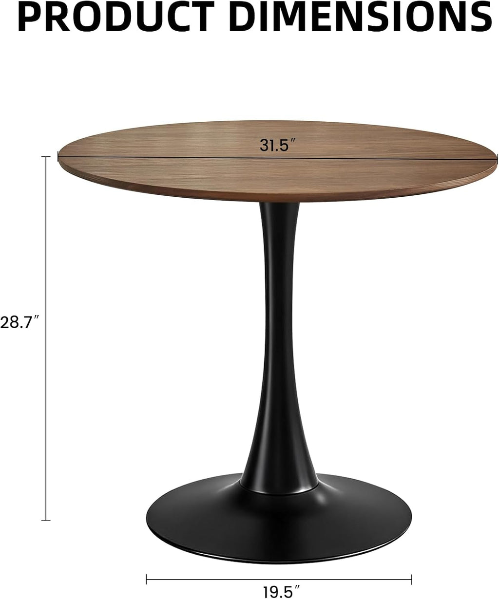 Round Dining Table, 31.5" Circle Tulip Table with Thickened Tabletop & Metal Pedestal, Mid Century Modern Bistro Table for Kitchen, Small Places, Living Room, Cafe (Faux Walnut)