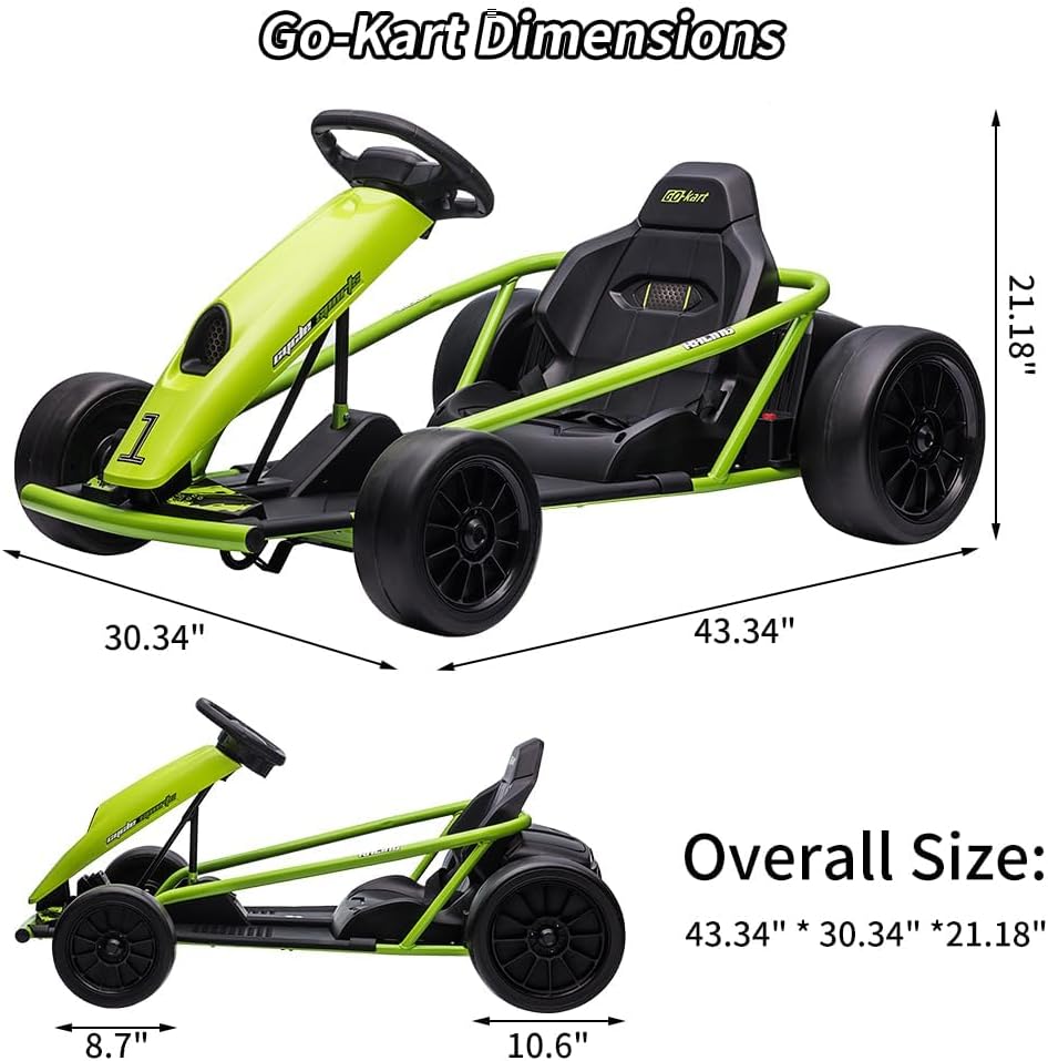 24V Go Kart for Kids 8-12 Years, 300W*2 Extra Powerful Motors, 9Ah Large Battery 8.1MPH High Speed Drifting with Music, Horn,Max Load 155lbs Outdoor Ride On Toy for Teens (Green)