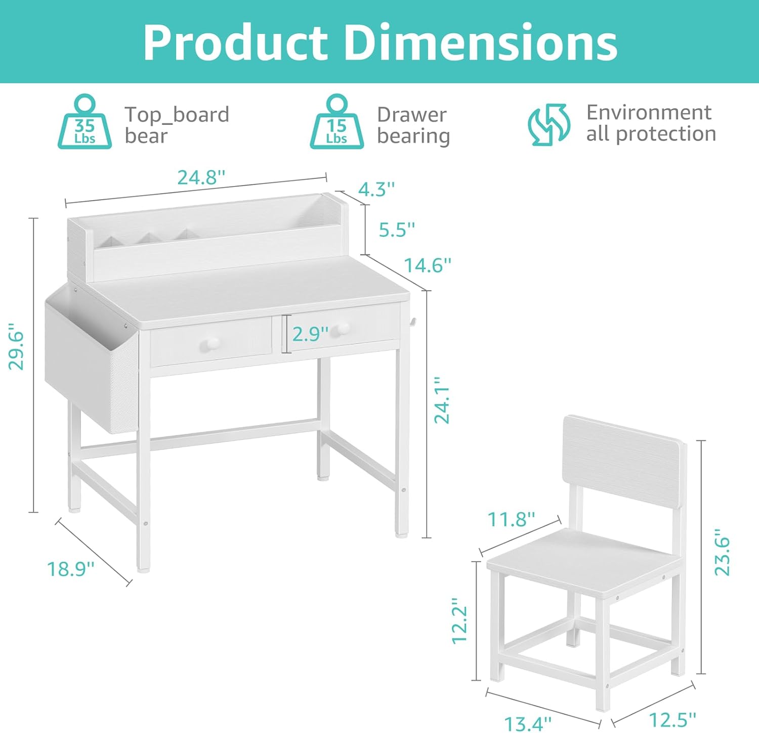 BOLUO White Kids Desk and Chair Set for 5-8 Year Old, Small Child Desk with Fabric Drawer, Children Study Table with Storage Girls Boys