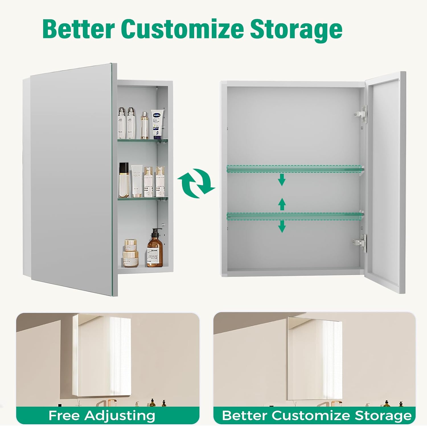 20 x 26 in Medicine Cabinet Mirror,Bathroom Mirror Cabinet with Adjustable Shelves,Aluminum Silver Medicine Cabinets for Bathroom,Recessed or Wall Mounted Medicine Cabinets（Assembly Required