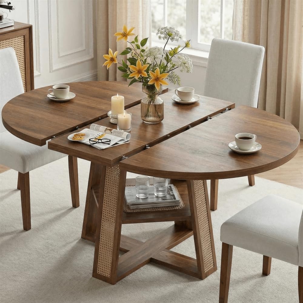 43"-59" Extendable Round Dining Table for 4-8, Transformer Oval Dining Room Table with Removable Leaves Space Saving, Wood Base Kitchen Table with Storage Shelf for Living Room, Walnut