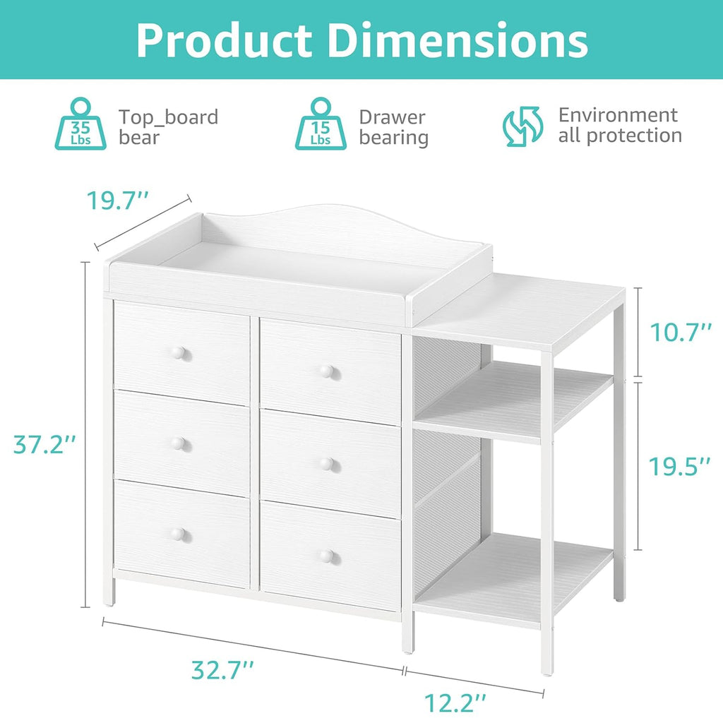 BOLUO Baby Dresser with Changing Table Top, Black Changing Table Dresser with 6 Fabric Drawers Diaper Changing Station with Storage Shelf for Nursery Modern