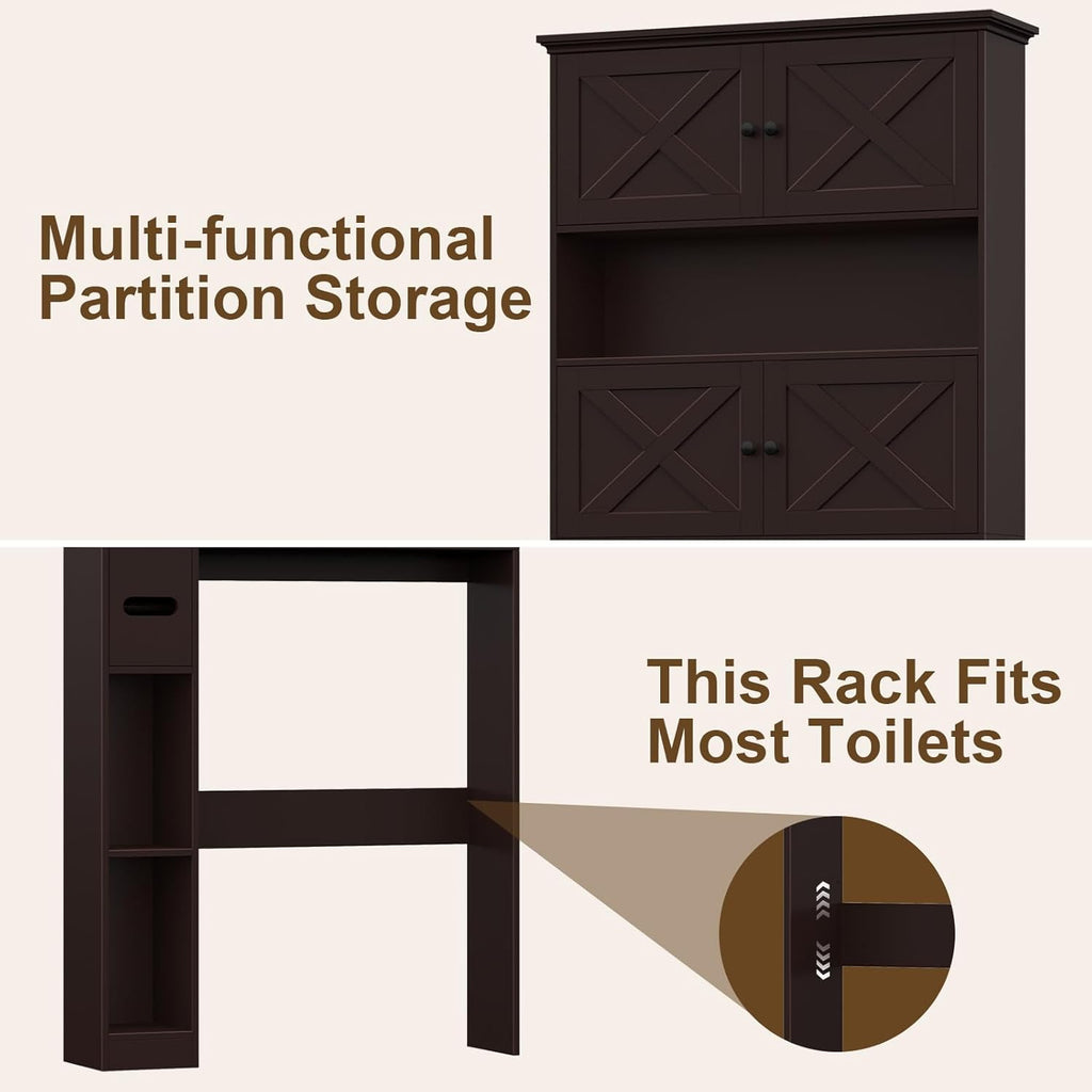 Halitaa Over The Toilet Storage Cabinet, Farmhouse Storage Cabinet Over Toilet with 4 Barn Doors & Toilet Paper Holder Stand, Espresso Toilet Shelf Home Space Saver for Restroom, Bathroom, Laundry