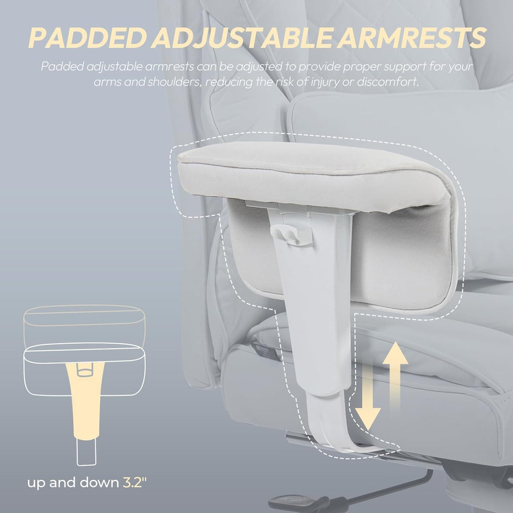 Dowinx Big and Tall Office Chair with Pocket Spring Cushion,High Back Computer Gaming Chairs with Adjustable Armrests,Executive Desk Chairs with Lumbar Support and Footrest,Fabric White