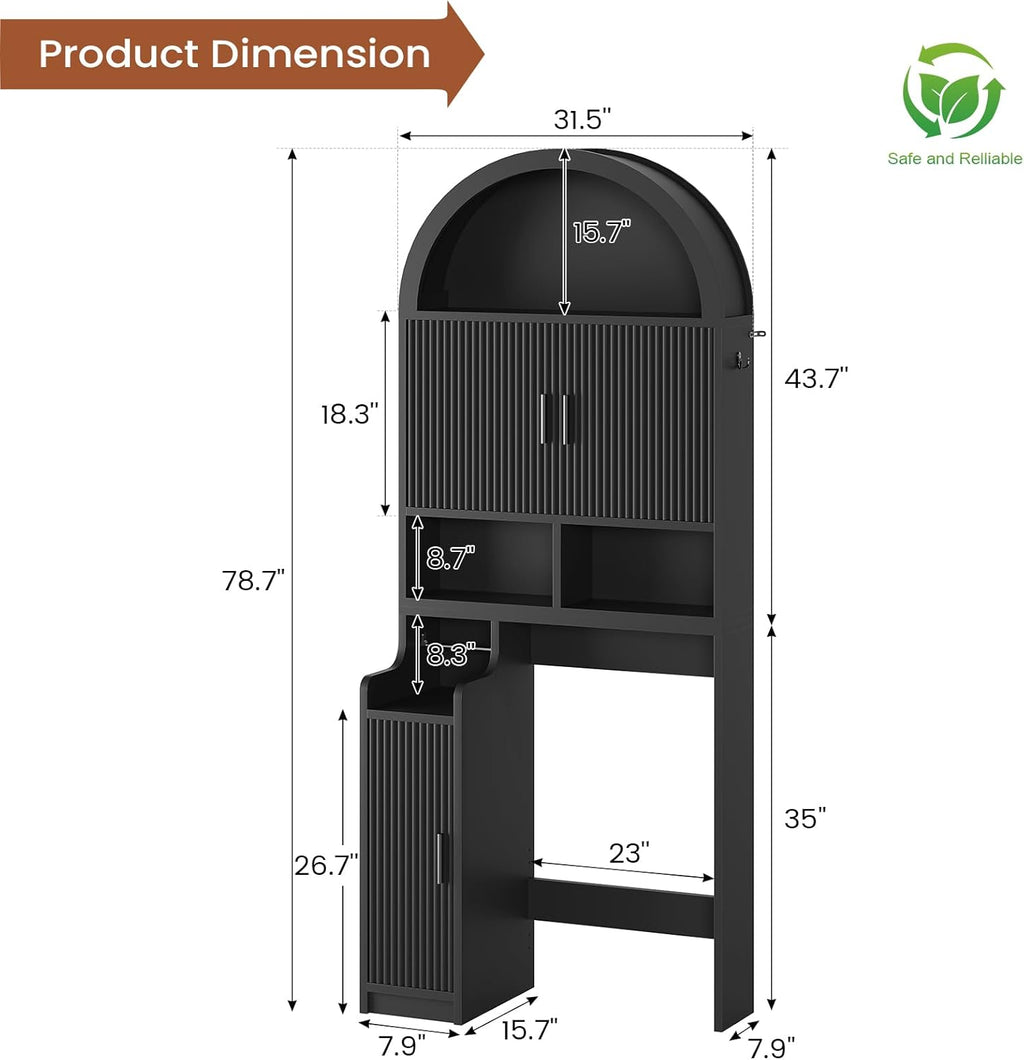 Itaar Arched Over The Toilet Storage Cabinet, 78.7" H Fluted Bathroom Organizer with Reversible Side Cabinet, Adjustable Shelves, Anti-Tipping, Hooks & Paper Holder for Bathroom Laundry Room, Black