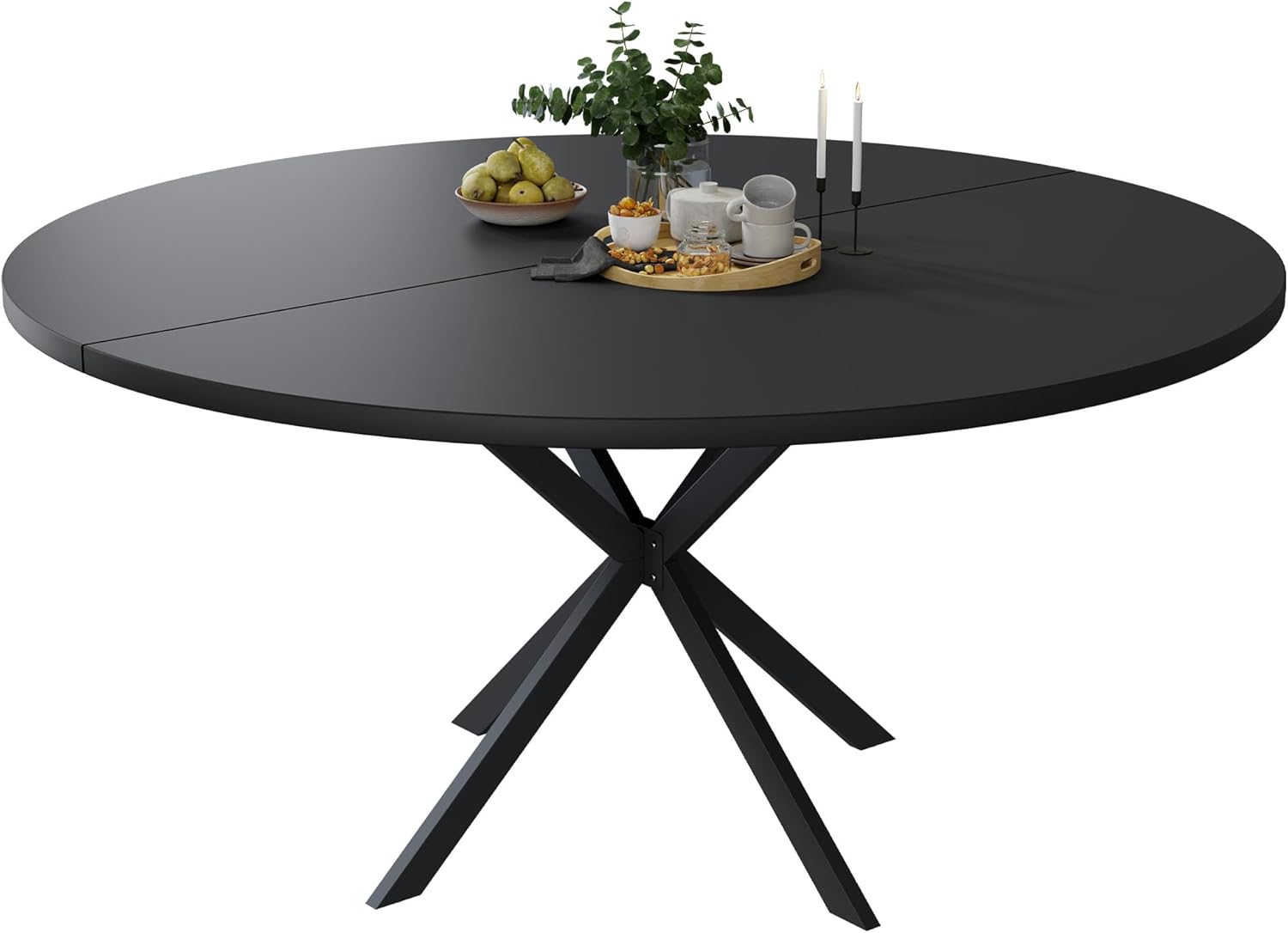 47.24" Round Dining Table, Modern Dining Room Table for 4-6 Person, Wood Round Kitchen Table with Metal Legs, Round Coffee Table for Home Dining Room Living Room (Black)