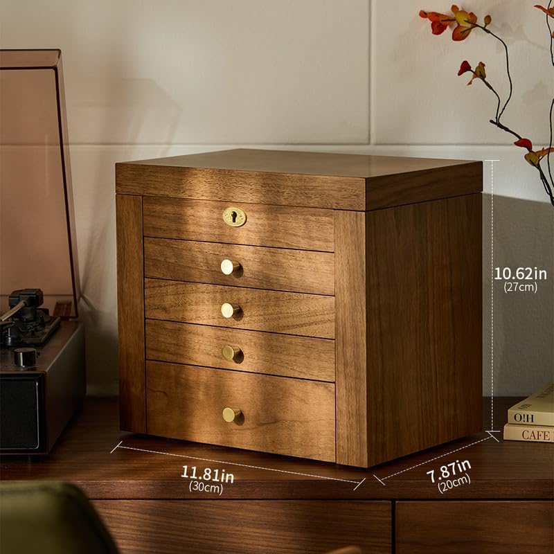 5-Layter Jewelry Organizer Box with Lock and Key, Wooden Jewelry Box for Mother's Day with Interior Mirror - Ring Earring Bracelet Necklace Holder, 11.8 inch