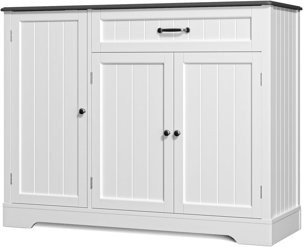 Gizoon Kitchen Coffee Bar Cabinet with Storage Kitchen Sideboard Buffet Cabinet with Drawers, Short Pantry with Door and Shelves for Bathroom and Living Room, White and Black