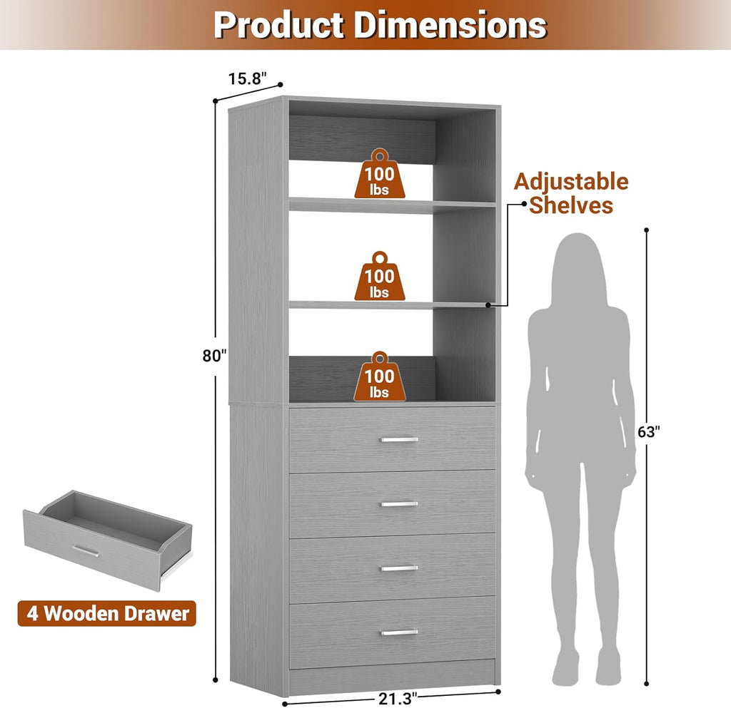 Aheaplus Closet Drawers System, 21.3" Wood Closet Organizer System with 4 Drawers, Modular Walk-in Closets System Storage Unit, Small Closets Wardrobe Rack, Tall Storage Cabinet Unit, Grey1