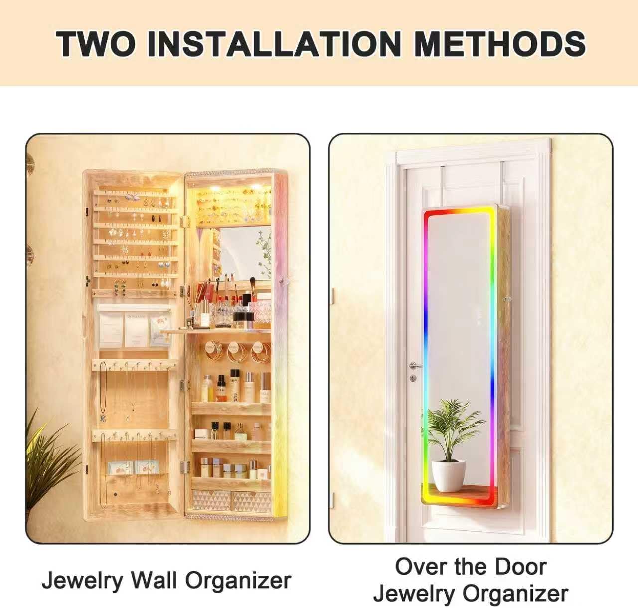 Lvifur LED Mirror Jewelry Cabinet - with RGB lights,Lockable Wall/Door Mounted Full Length Mirror with Storage,Hanging Jewelry Organizer-2 Drawers,Foldable Shelf,Built-in Lighted Mirror(Wood)