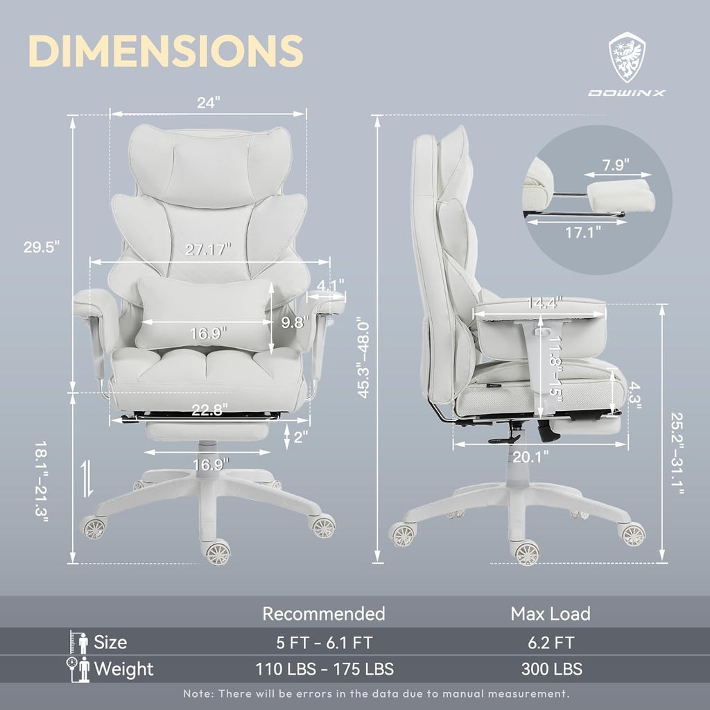Dowinx Big and Tall Office Chair with Pocket Spring Cushion,High Back Computer Gaming Chairs with Adjustable Armrests and Lumbar Support,Executive Desk Chairs with Footrest(PU,White)