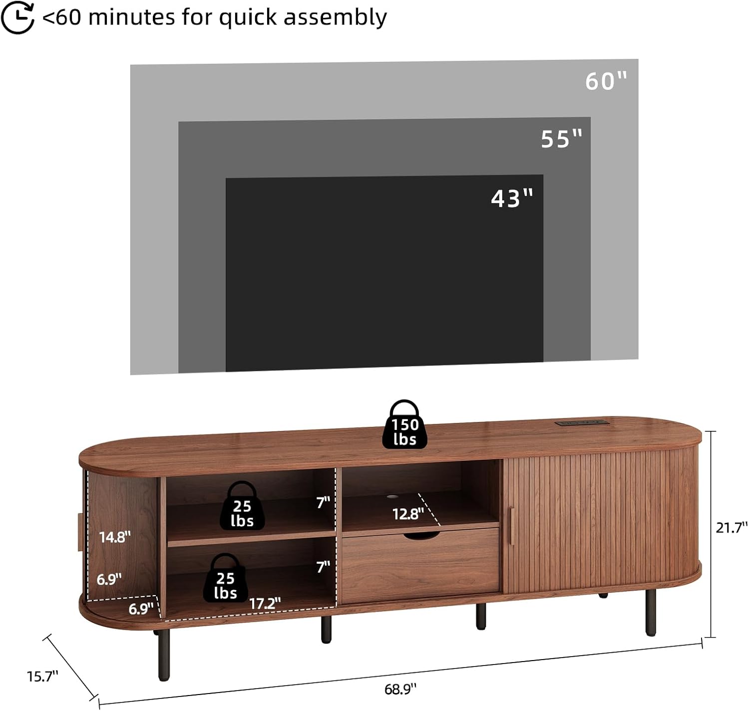 69" Mid-Century TV Stand with Power Outlet, Fluted Entertainment Center with Storage Drawer, TV Console with Sliding Door and Adjustable Shelves, TV Stand up to 80" for Living Room, Bedroom, Walnut