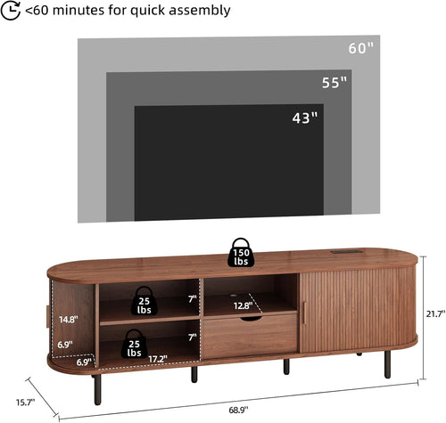 69" Mid-Century TV Stand with Power Outlet, Fluted Entertainment Center with Storage Drawer, TV Console with Sliding Door and Adjustable Shelves, TV Stand up to 80" for Living Room, Bedroom, Walnut