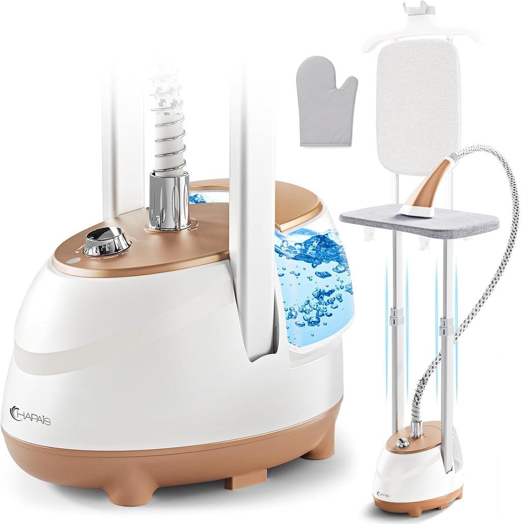 HAPAIS Steamer for Clothes,1800W Standing Garment Steamer 30s Heat-up with Adjustable Stable Double Rod,2-in-1 Flat & Hanging Ironing,Clothes Steamer with 10 Fabric Steam Modes