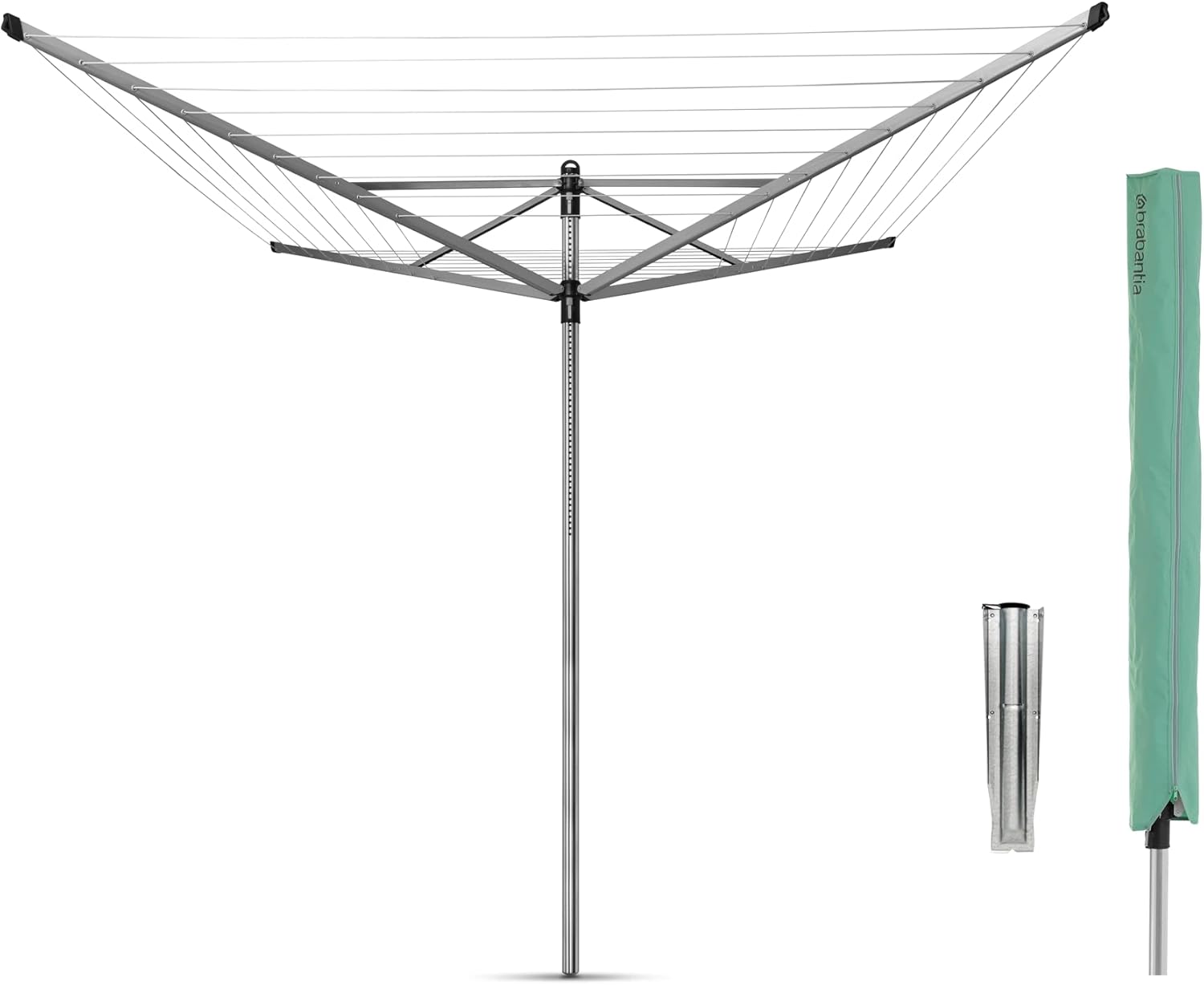 Brabantia Lift-O-Matic Outdoor 4 Arm Clothesline (197 ft/Ø 1.8") Height Adjustable, Folding Clothes Drying Rack + Ground Spike & Cover (Gray)