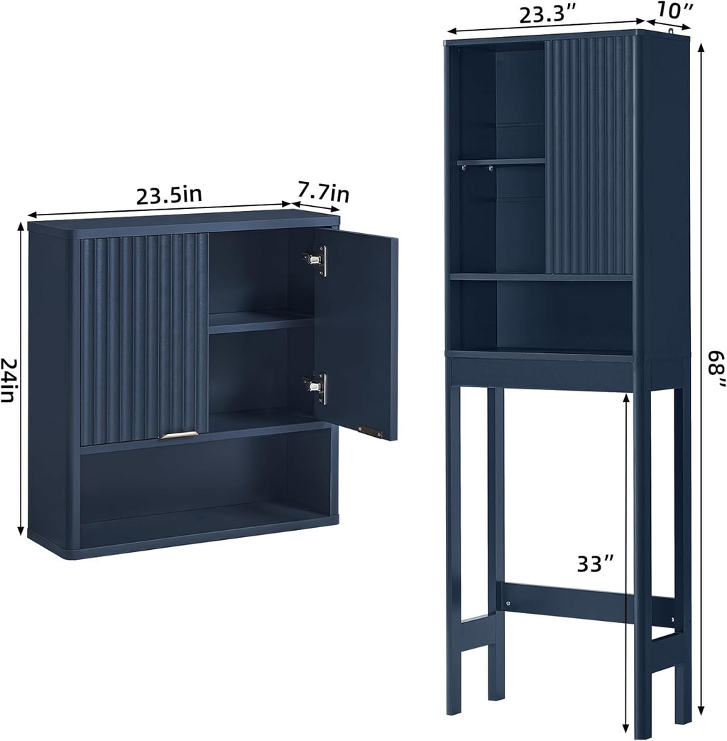 LEYAOYAO Fluted Over The Toilet Storage Cabinet & Bathroom Wall Cabinet Set of 2, Farmhouse Above Toilet Organizer, Medicine Cabinet w/Adjustable Shelf & Doors for Laundry Living Room Kitchen(Blue)