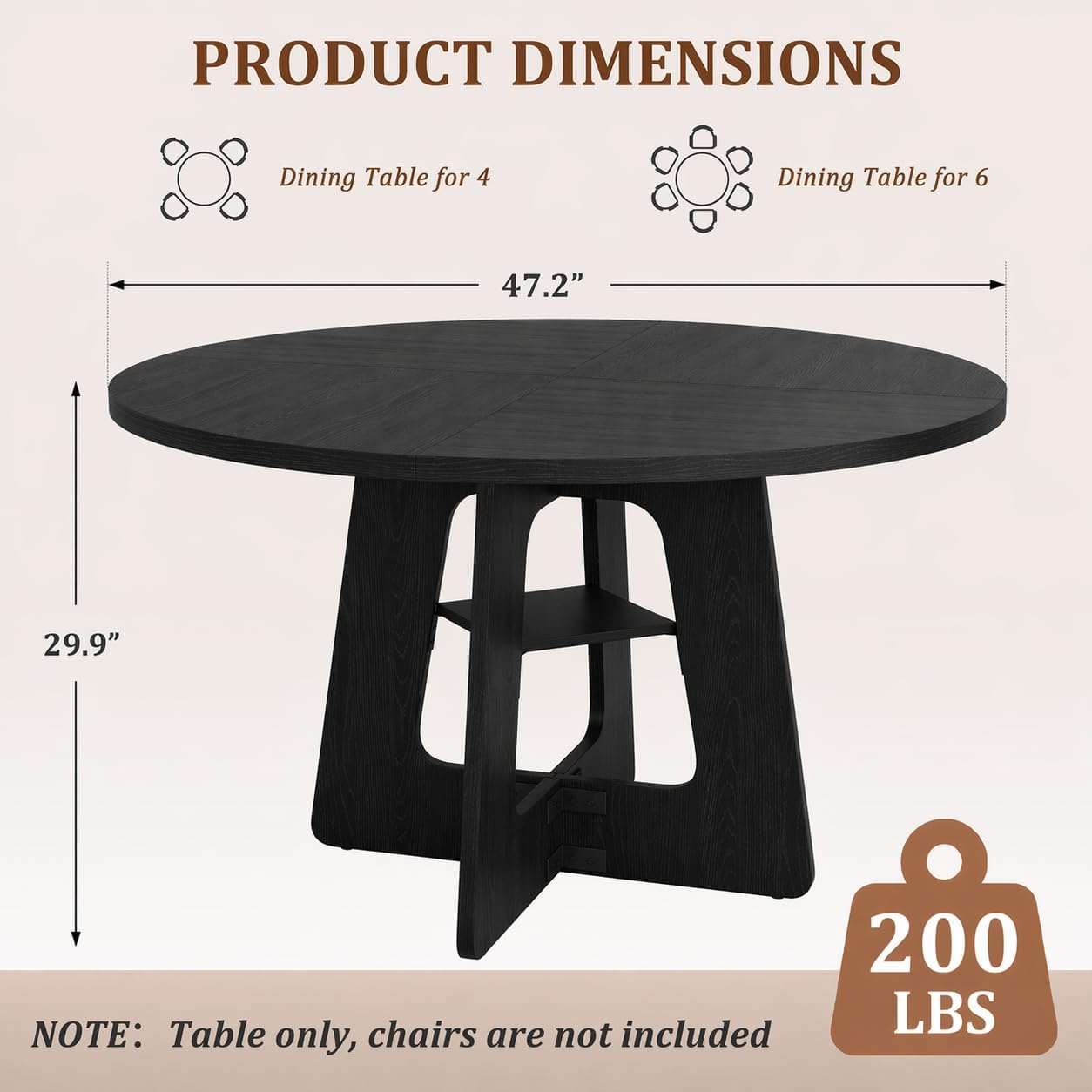 Round Dining Table for 4-6, 47" Kitchen Table for Dining Room, Modern Black Dining Table, Circle Kitchen Table for Living Room, Apartment