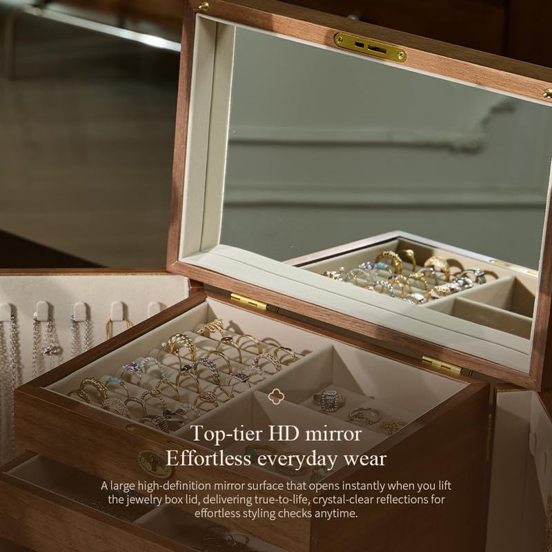 5-Layter Jewelry Organizer Box with Lock and Key, Wooden Jewelry Box for Mother's Day with Interior Mirror - Ring Earring Bracelet Necklace Holder, 11.8 inch