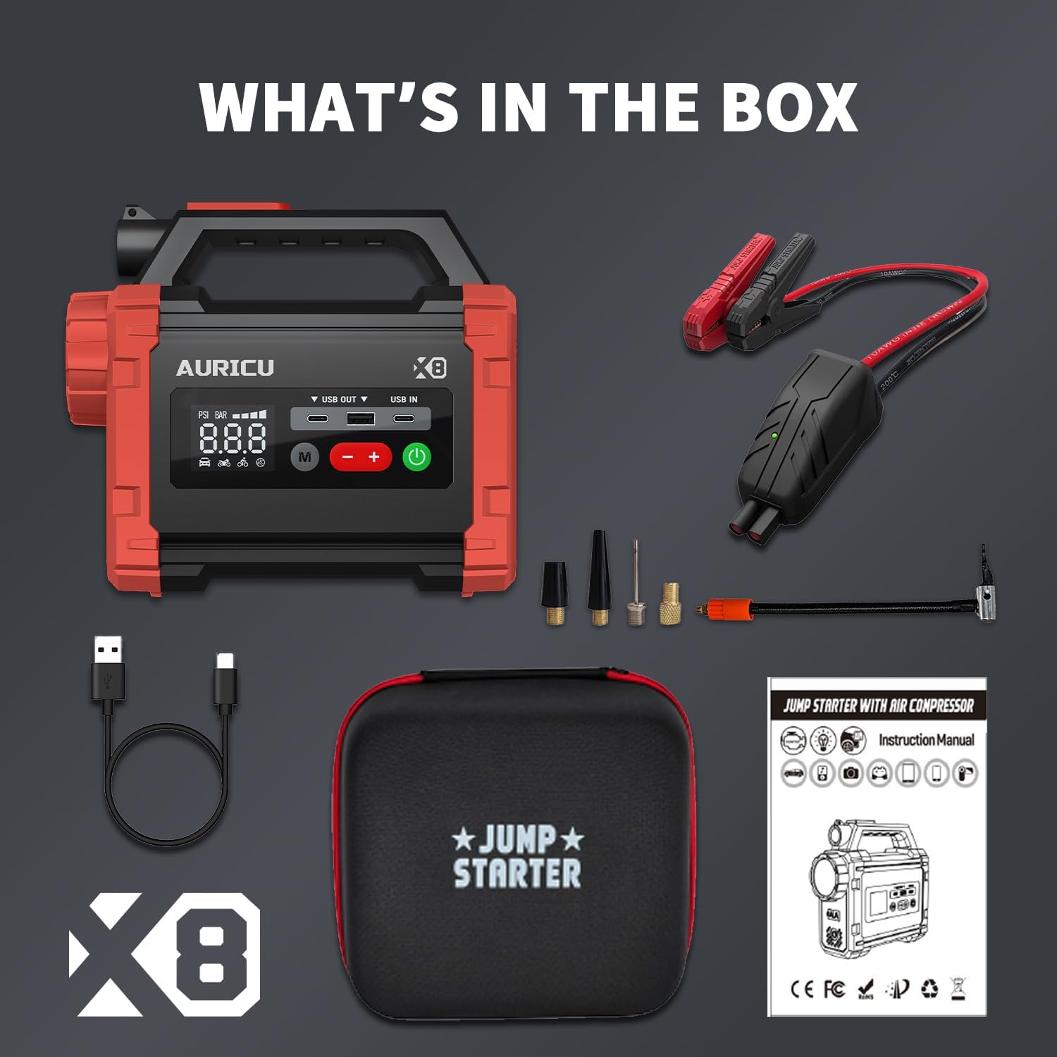 X8 2400A Jump Starter 150 PSI Air Compressor 12V Lithium Battery Booster Pack, Portable Jump Box, Power Bank & Jumper Cables for Max 8.0L Gas Engines and Max 6.0L Diesel Engine