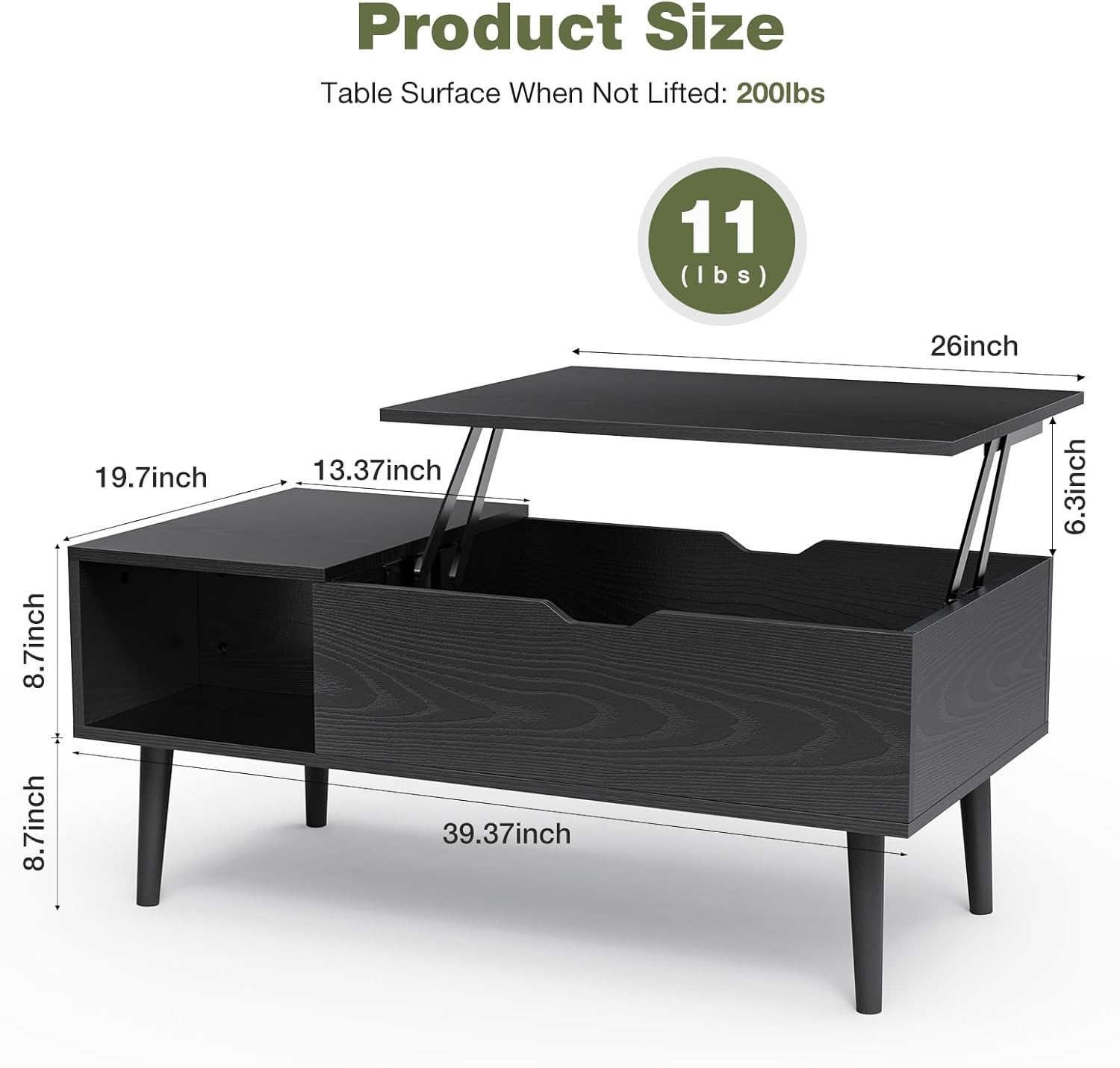 OLIXIS Wood Lift Top Coffee Table with Hidden Compartment and Large Storage Shelf, Lift Tabletop Dining Center Table for Home Living Room Office, Black