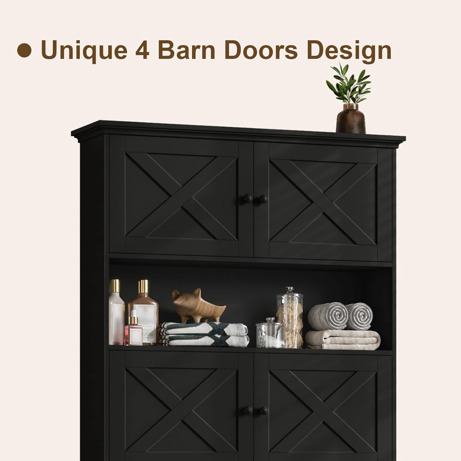 Halitaa Over The Toilet Storage Cabinet, Farmhouse Storage Cabinet Over Toilet with 4 Barn Doors & Toilet Paper Holder Stand, Black Toilet Shelf Home Space Saver for Restroom, Bathroom, Laundry