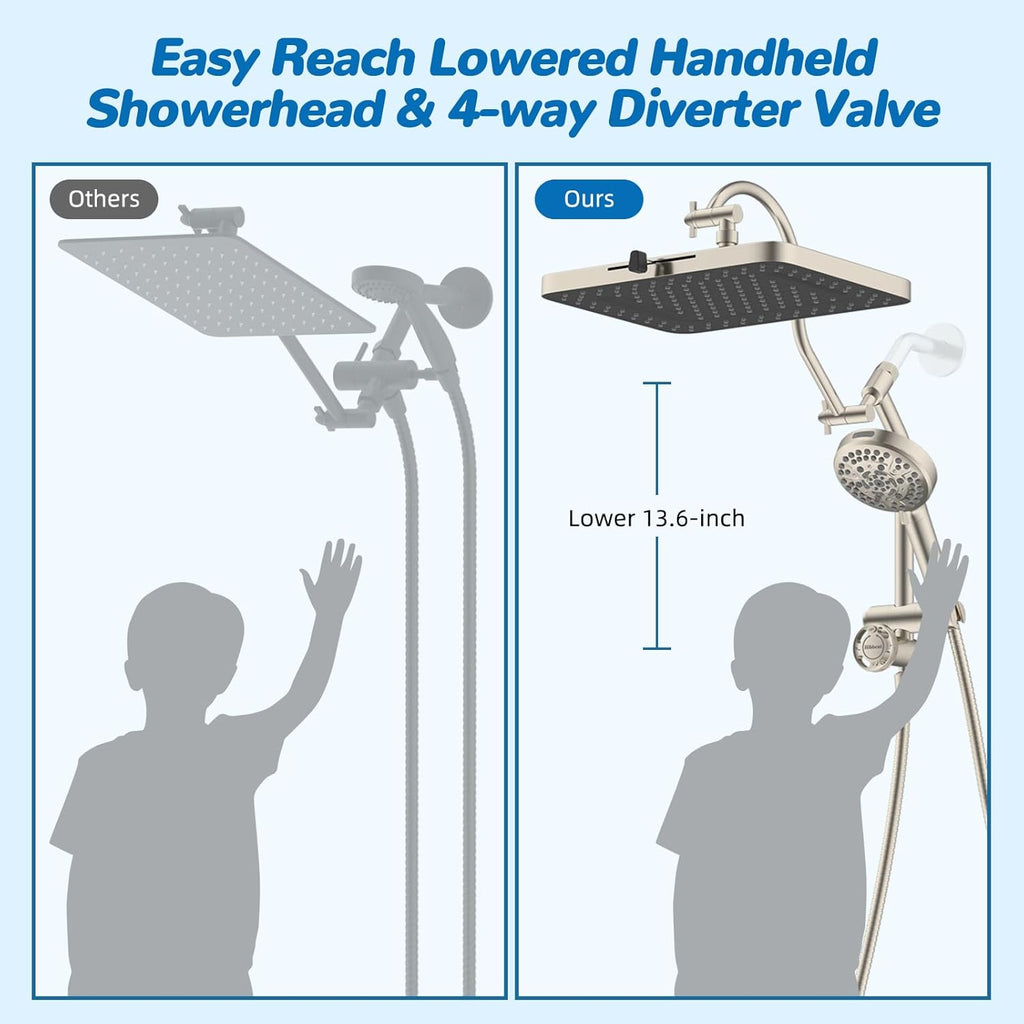 Hibbent cUPC Certified 13'' Shower Head Combo, High Pressure 5 Spray Rainfall Showerhead, 10 Spray Handheld, All Metal Easy Reach 4-way Diverter Arm with Pause Mode, 71'' Hose & Holder, Brushed Nickel