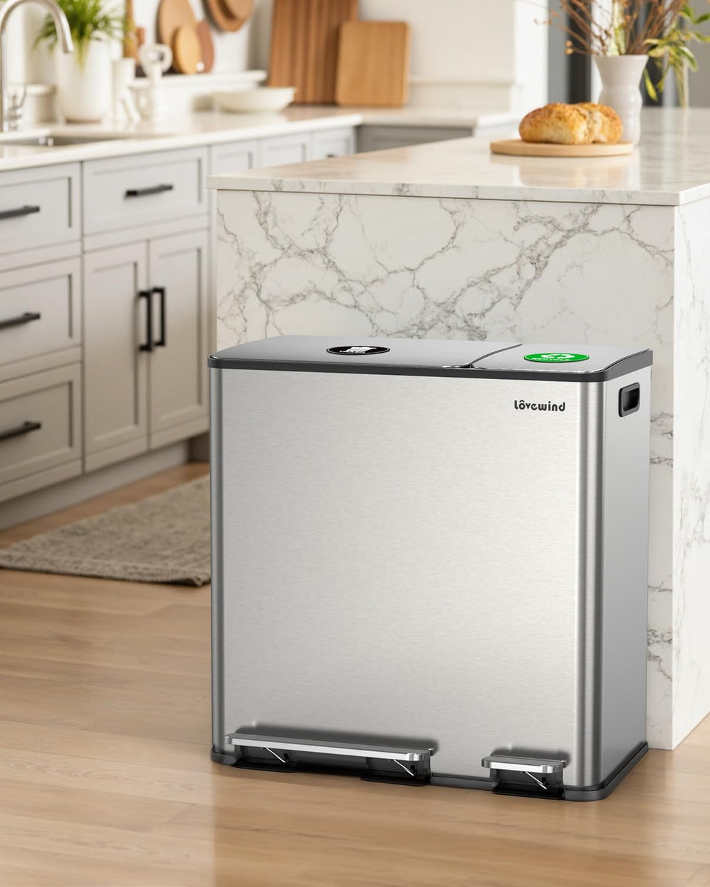 Dual Trash and Recycling Bins for Kitchen, 13.2 + 5.2 Gal (50+20L) Stainless Steel Trash and Recycle Bin Combo with Soft-Close Lid, Large Garbage Cans for Kitchen Home with 2 Magnets Sticker, Silver