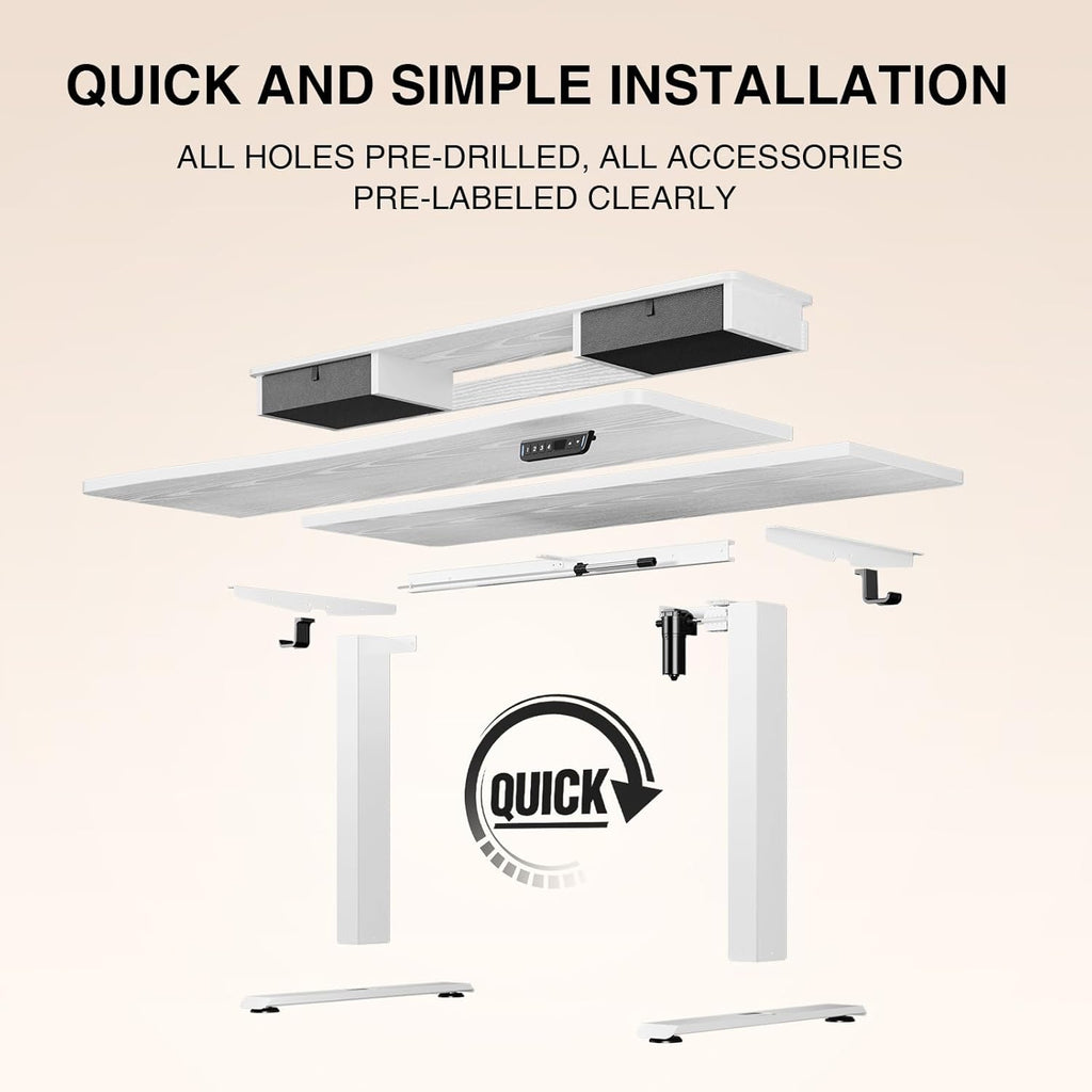Veken 47.2"×27.6" Home Office Standing Desk with Monitor Riser, Adjustable Computer Desk with Drawers, Ergonomic Desk for Work, Study, Gaming, Crafting, White