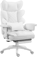 Dowinx Big and Tall Office Chair with Pocket Spring Cushion,High Back Computer Gaming Chairs with Adjustable Armrests and Lumbar Support,Executive Desk Chairs with Footrest(PU,White)
