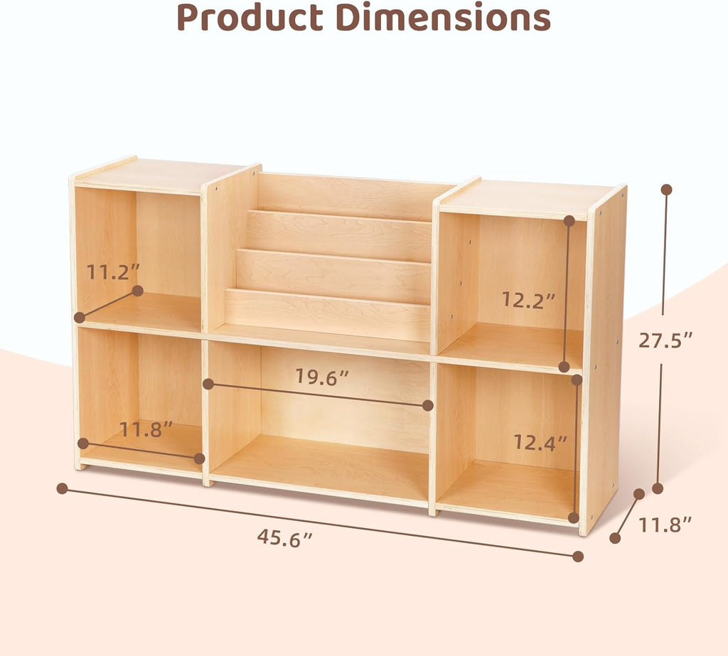 OOOK Montessori Bookshelf and Toy Storage Organizer, 2-Tier Horizontal Bookshelf, 5-Compartment Toy Storage Cabinet with Book Rack, Ideal Choice for Kids Classroom Organizer, Playroom and Daycare