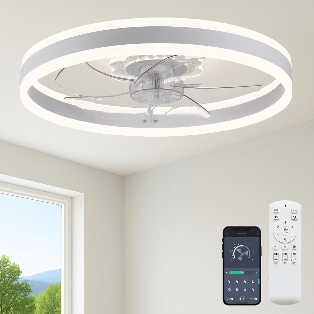 Fszdorj 23.6'' Ceiling Fan with Light, Upgraded Low Profile Fan, Flush Mount Ceiling Fan, 6 Speeds, Dimmable LED, App & Remote Control, Quiet DC Motor, for Bedroom, Living Room, F105 White