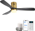 Sofucor 52 Inch Smart Ceiling Fans with Lights-Flush Mount Low Profile Modern Outdoor Solid Wood Ceiling Fans with Alexa/Google Assistant/APP/Remote Control for Bedroom/Farmhouse/Patio, Black Gold