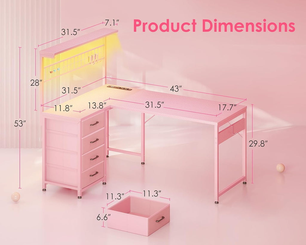 MOTPK L Shaped Gaming Desk with Drawers & LED Light & Power Outlet, 43" Reversible Computer Table with Shelves & Hooks for Home Office, Carbon Fiber Pink