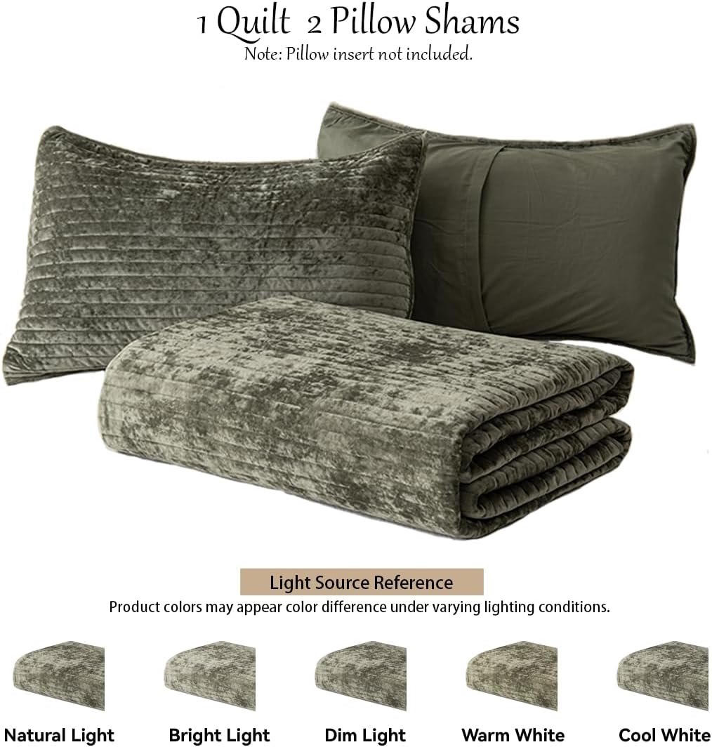 Velvet Oversized King Size Quilt Set 120x128 Soft Striped Bed Cover Set All Seasons Cozy Breathable Bedspread Includes 2 Pillowcases 20×36,Army Green