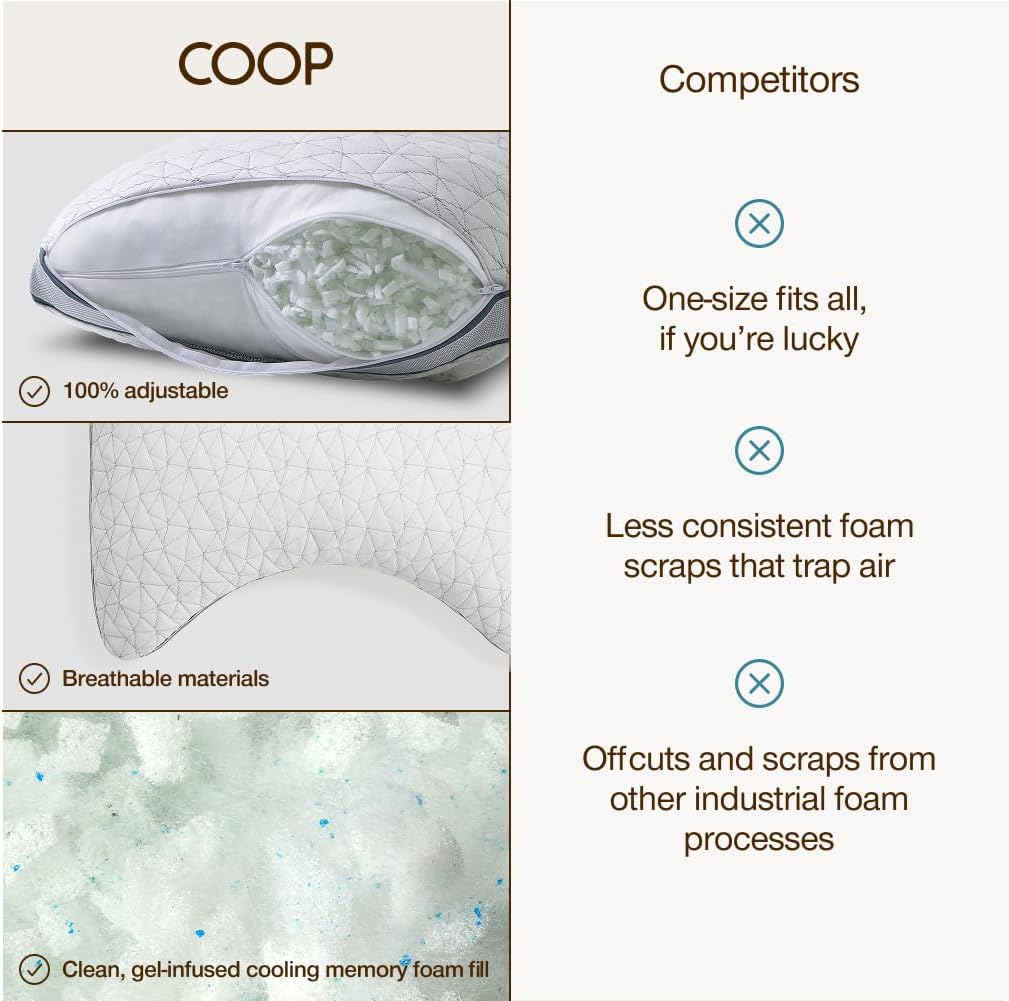 Coop Home Goods Eden Crescent Bed Pillow for Side & Back Sleepers, Queen Size, Adjustable Medium Soft Memory Foam Pillow with Cooling Gel & Ergonomic Crescent Shape, CertiPUR-US/GREENGUARD Gold